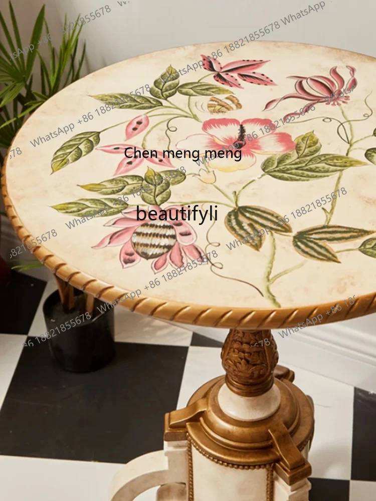 โต๊ะน้ำชาทรงกลมสไตล์วินเทจแบบอเมริกัน โต๊ะกาแฟทรงกลมลายลูกไม้สไตล์คันทรี โต๊ะกาแฟขนาดเล็กหรูหรา