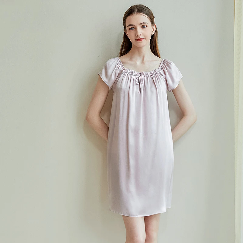Women's 100% Mulberry Silk Nightdress Summer Thin Short Sleeve Solid Color Loose Casual Home Wear
