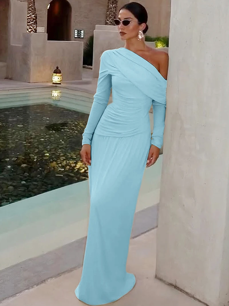 DGLUKE One-Shoulder-Langarm-Maxikleid für Damen, gerüscht, hohe Taille, plissiert, langes Kleid, elegante Party-Abschlussballkleider