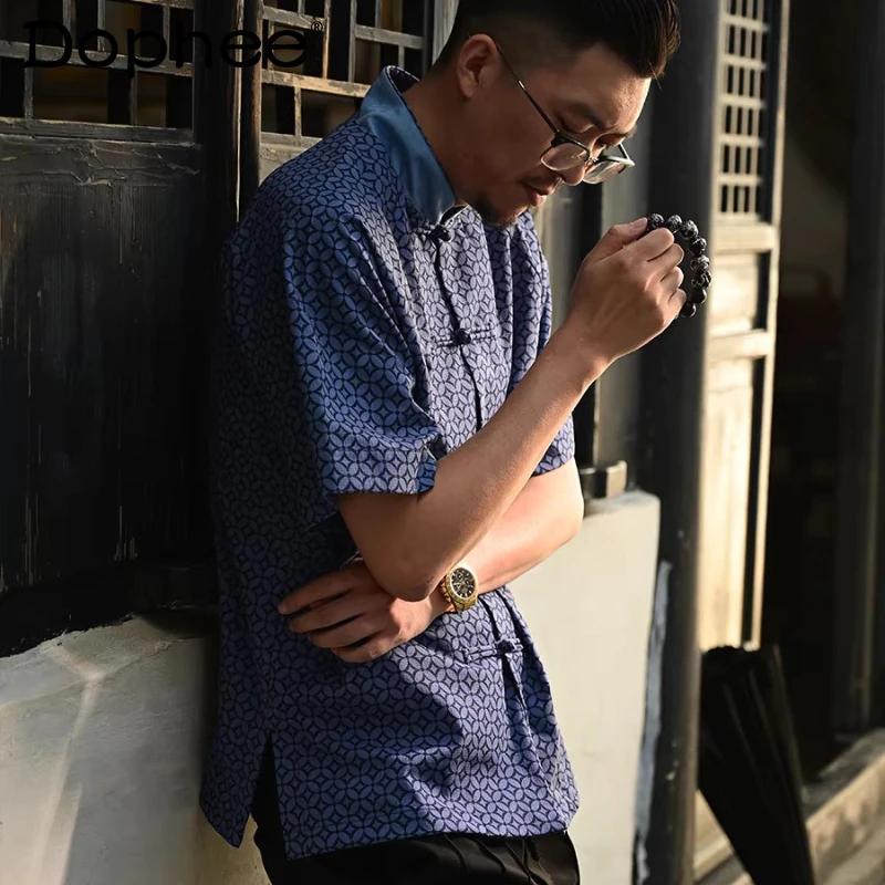 

Trendy Embroidered Printed Chic Tops Men's 2026 Summer New Short-sleeve Shirts Color Matching Single Row Multiple Buttons Shirts