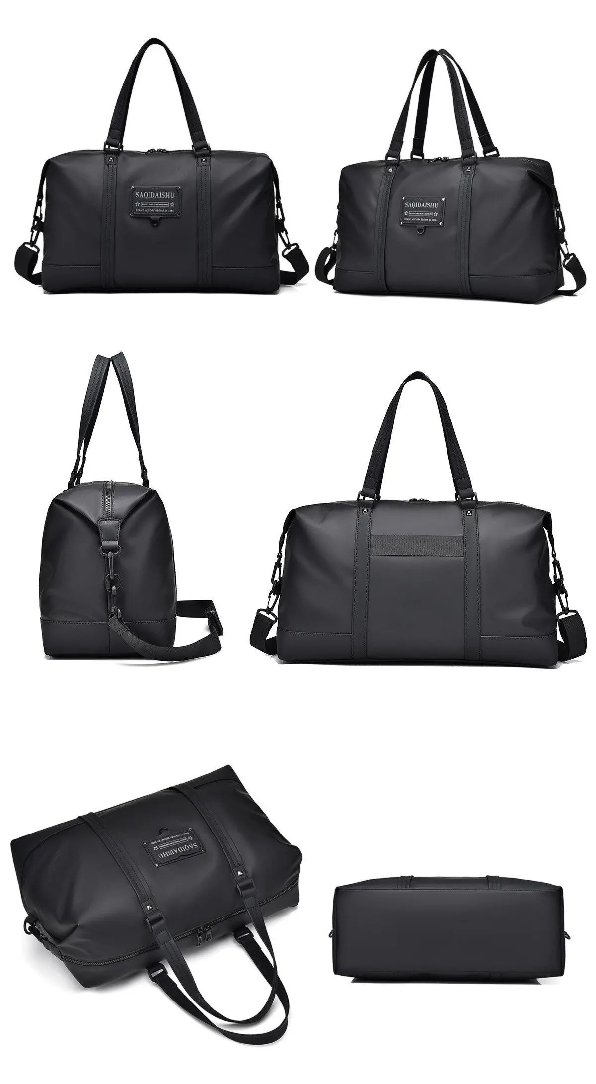 men's short travel bag luggage duffle bag black gym bag waterproof Oxford shoulder zip pocket