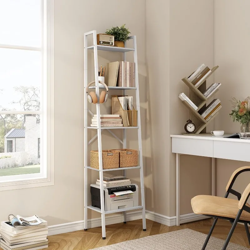 5-Tier Industrial Ladder Bookshelf, Narrow Ladder Shelf, Tall Standing Bookshelf, Skinny Open Ladder Shelf, for Living Room