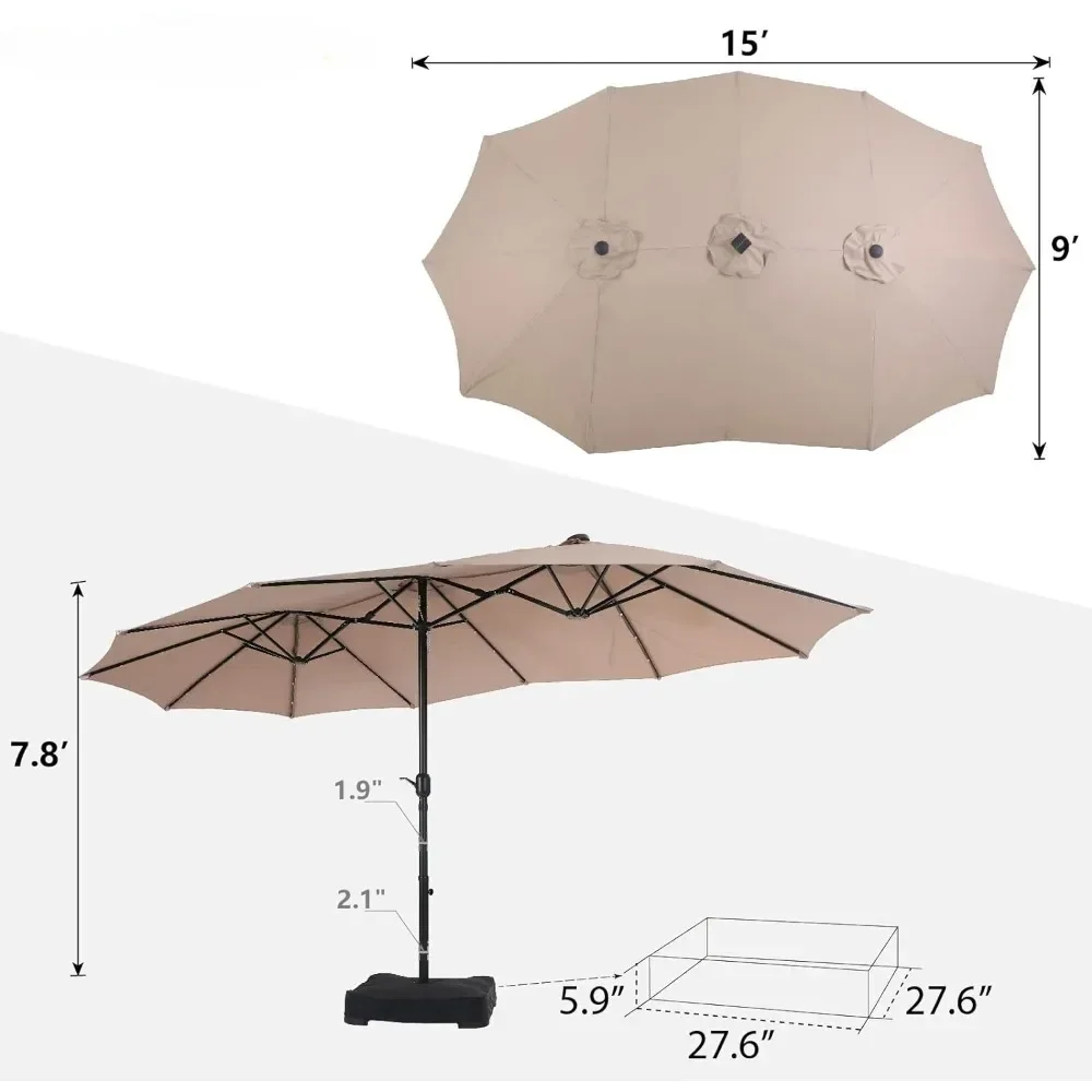 Large Patio Umbrella with Solar Lights, Rectangular Outdoor Umbrella with Base Included, Umbrella Double-sided Heavy Duty Beige