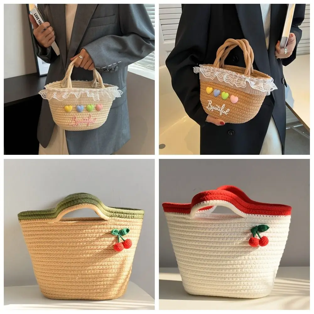 

Fashion Sweet Cotton Rope Woven Handbag Lace French Style Knitted Handbag Cherry Small Cotton Thread Woven Bag Holiday