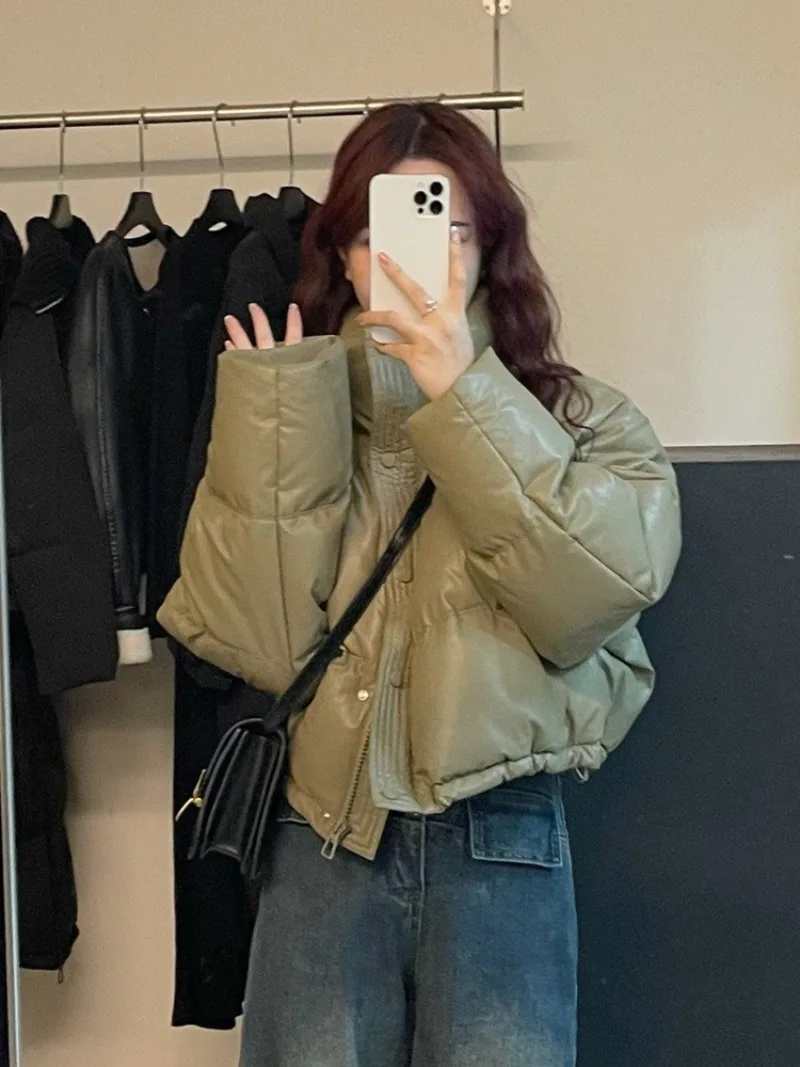 

Thickened Winter Female Down Jacket Stand-up Collar PU No-wash Pilot Puffer Jacket Retro Short Loose Quilted Motorcycle Coat