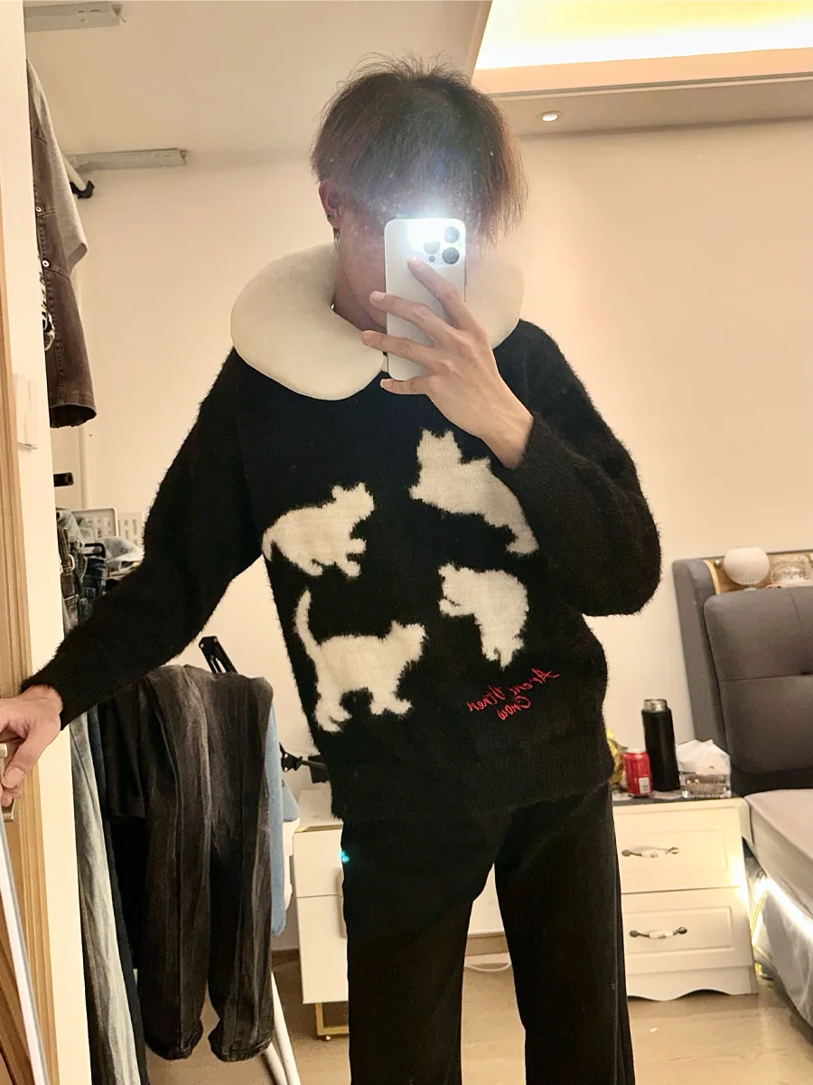 

Trendy round Ne Knitted Sweater Loose ex Autumn Winter Warm Bla Top for Couples Lazy Sle Polyester Fiber Long S...