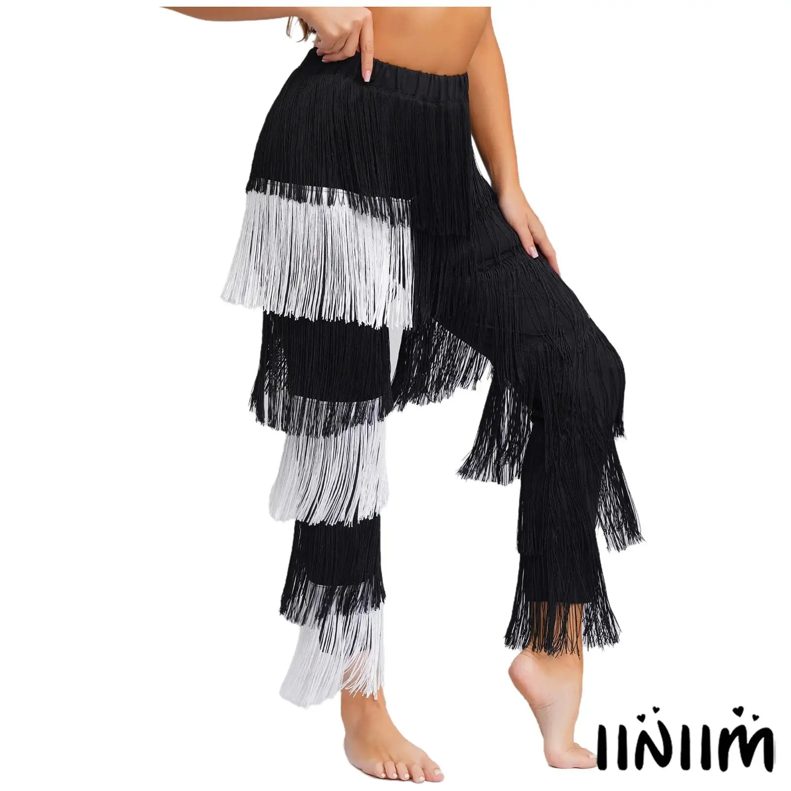 Mulheres dança latina calças elásticas cintura alta contraste cor borla calças para jazz barriga chacha tango rumba dança desempenho