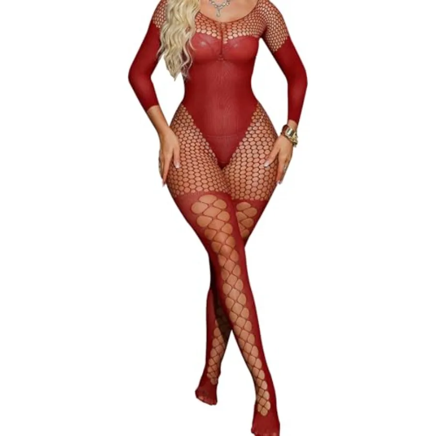 

Women Lingerie Sexy Fishnet Bodysuit, Mesh Lace Body Stockings for Women, One Size Long Sleeve Lace Bodysuit