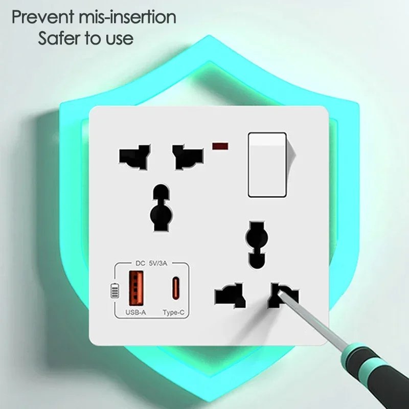 86 Type Wall Multifunctional 1Gang6 Six-Hole Socket With Switch Control USB+Type-C Port Fast Charging Socket Panel