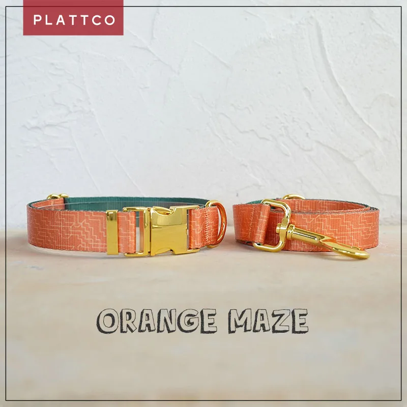 PLATTCO unique design dog set print ORANGE MAZE pattern and high-quality gold buckle 5 size PDC334YG&PDL334YG