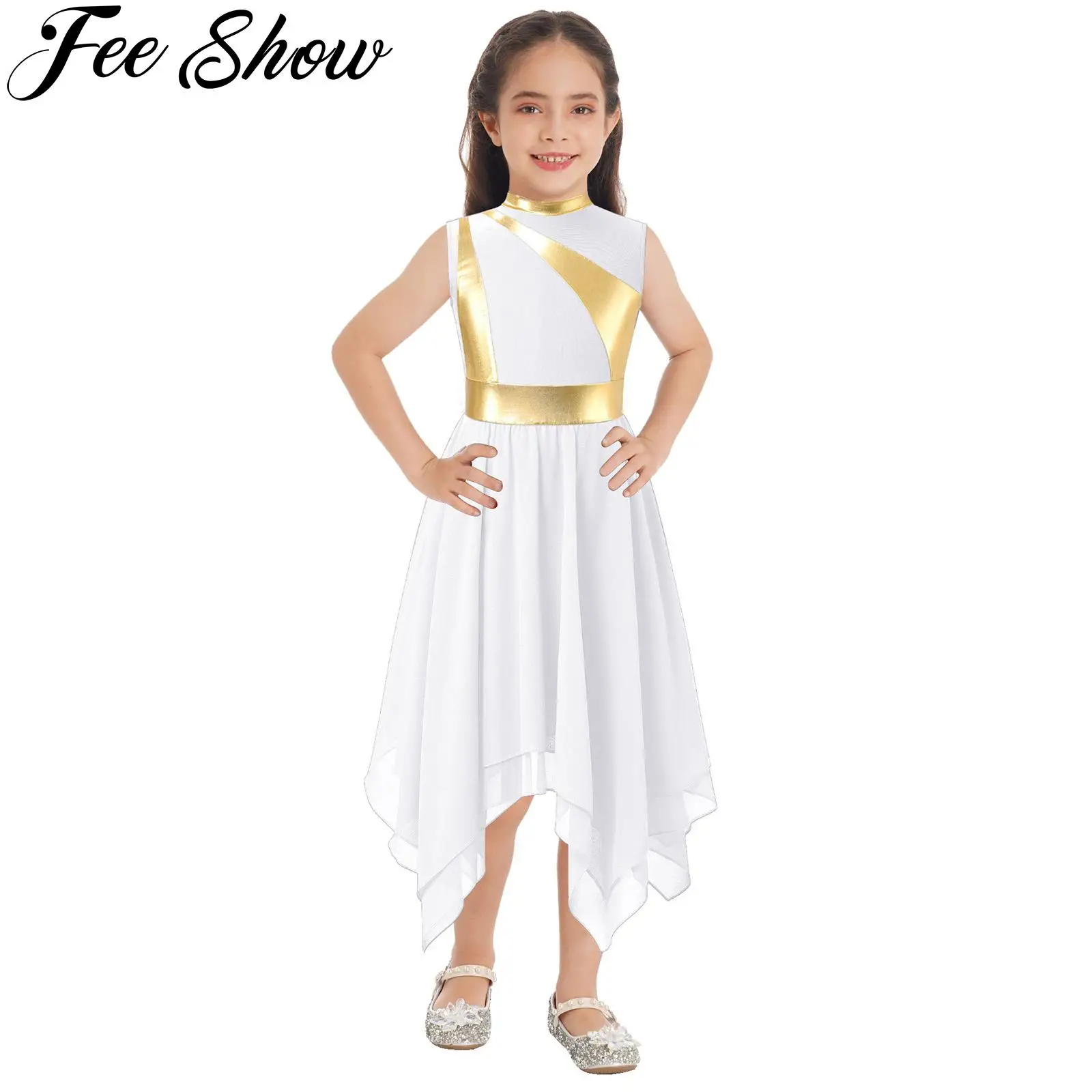 Kids Girls Liturgical Praise Dance Dress Metallic Sleeveless Asymmetrical Hem Lyrical Dancewear Church Maxi Robe Worship Costume
