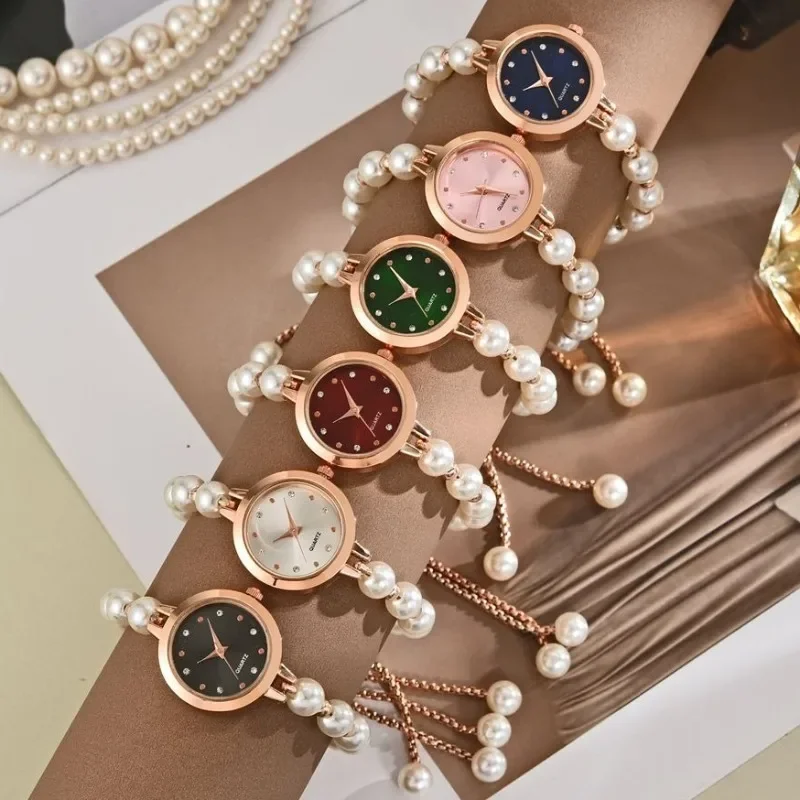 New Vintage Pearl Bracelet Women's Quartz Watch Adjustable Strap Watch Luxury Gold Small Dial Ladies Wristwatch