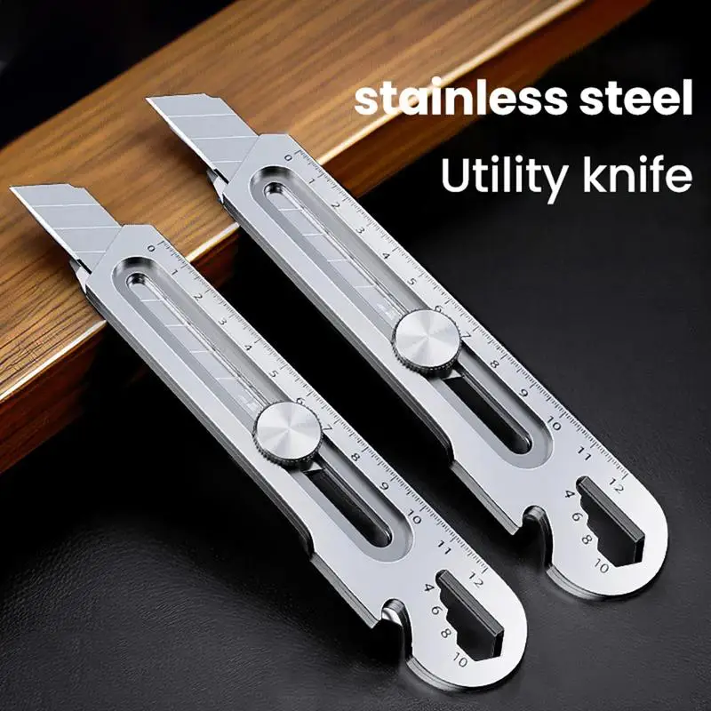 

6 In 1 Multi-Function Stainless Steel Utility Knife Tail Break Design/Ruler/Bottle Opener Retractable Box Cutter Art Supplies