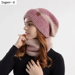 2PCS Winter Hat Scarf Sets for Women Bicolor Knit Beanies Women Thick Plush Snood Scarf Bonnets Winter Cap Snood Sets