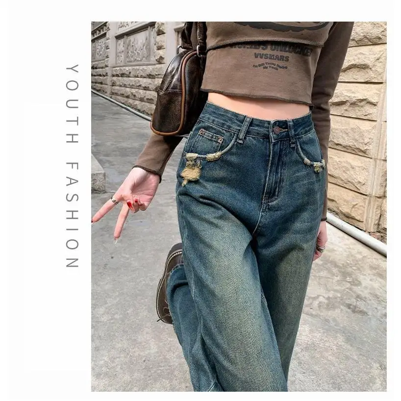 

Широкие расклешенные джинсы в американском стиле ретро, женские весенне-осенние новые облегающие джинсы с высокой талией, прямые джинсы длиной до пола...