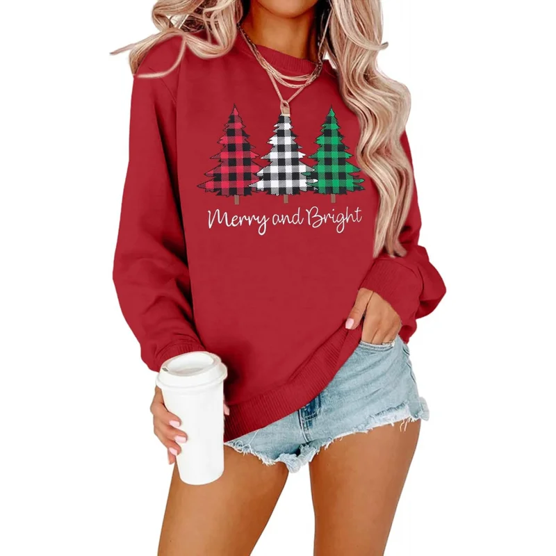 Women's Oversized Christmas Sweatshirt, Joyful And Bright Shirt, Checkered Printed Pullover, Long Sleeved Top