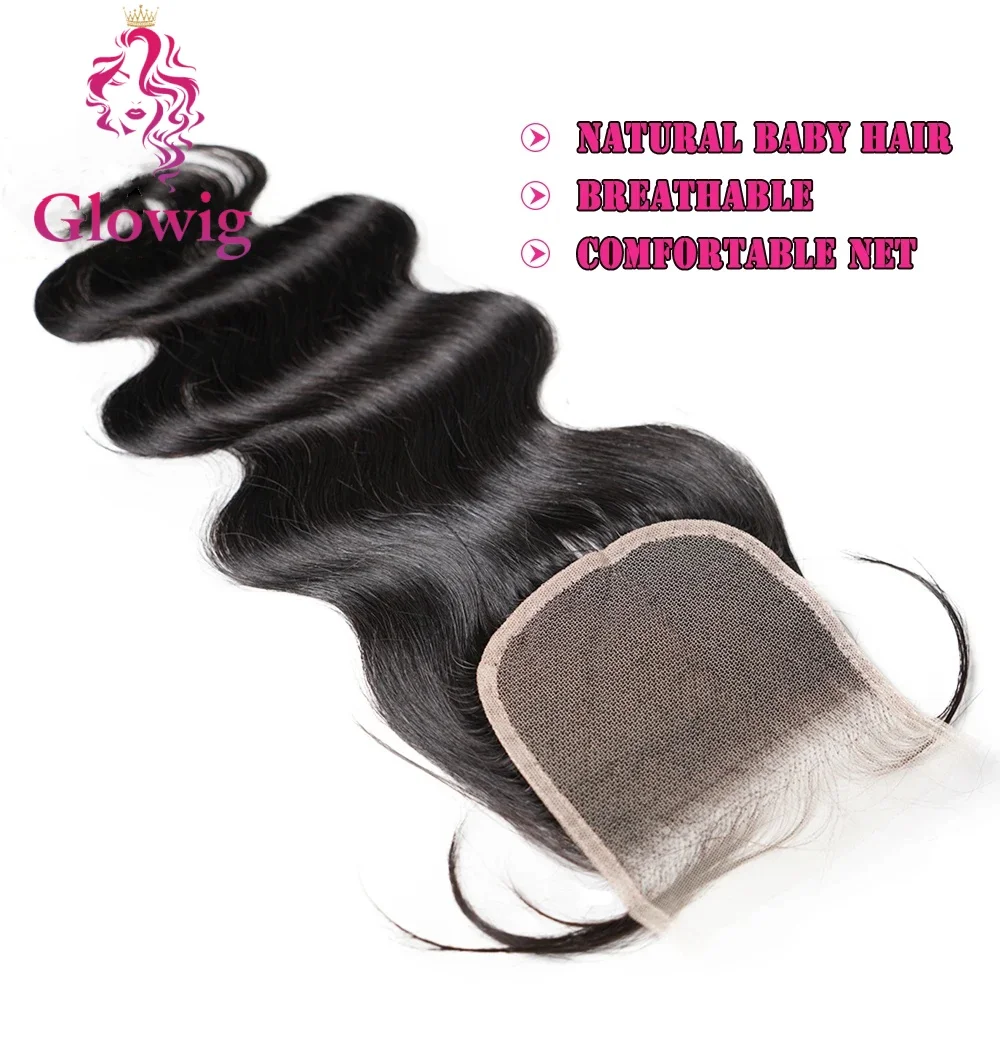 Extensão do cabelo remy brasileiro para mulheres, extensão frontal do cabelo humano do laço, preto natural, fechamento 4x4, onda do corpo