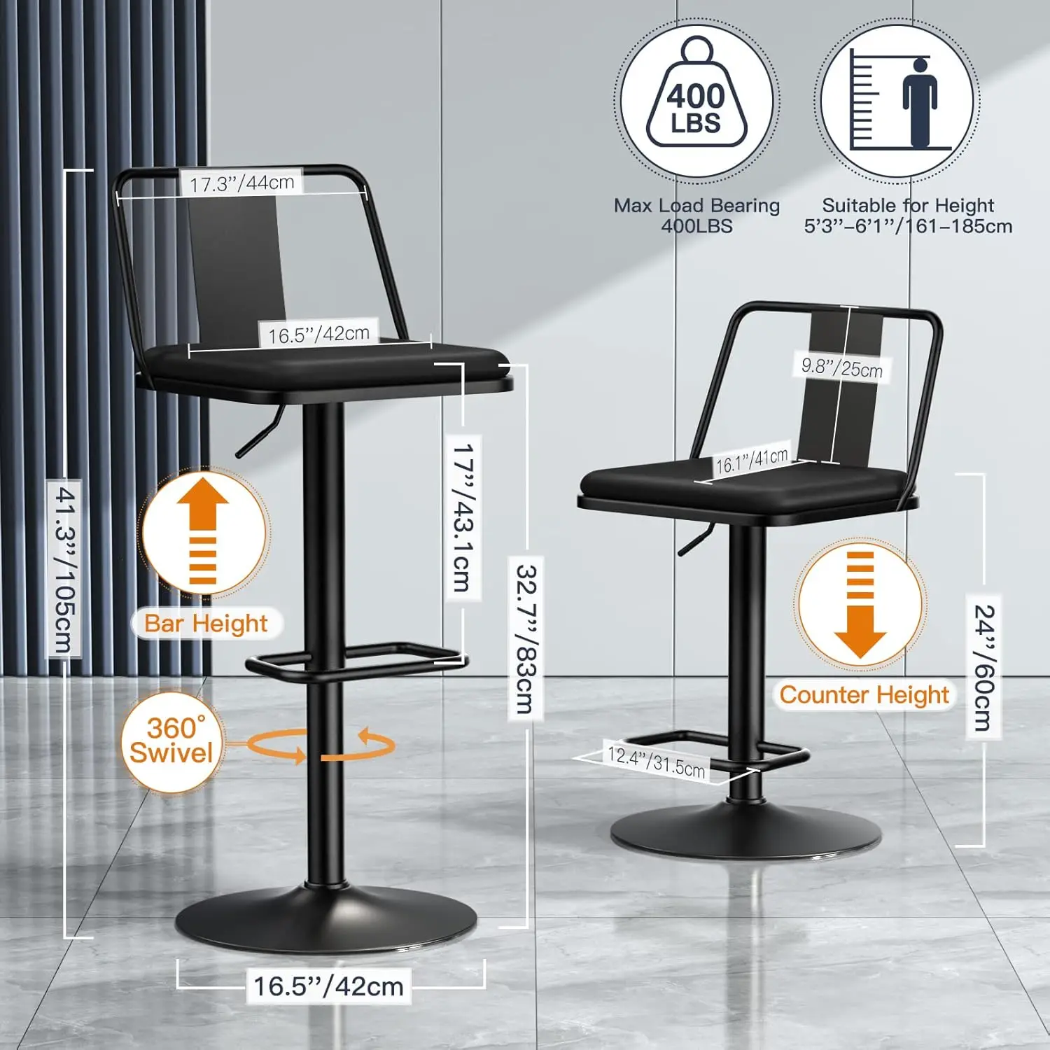 Metal Swivel Barstools Conjunto de 2, Assento de couro PU ampliado com costas de metal, ajustável de 24 a 33 para altura do contador