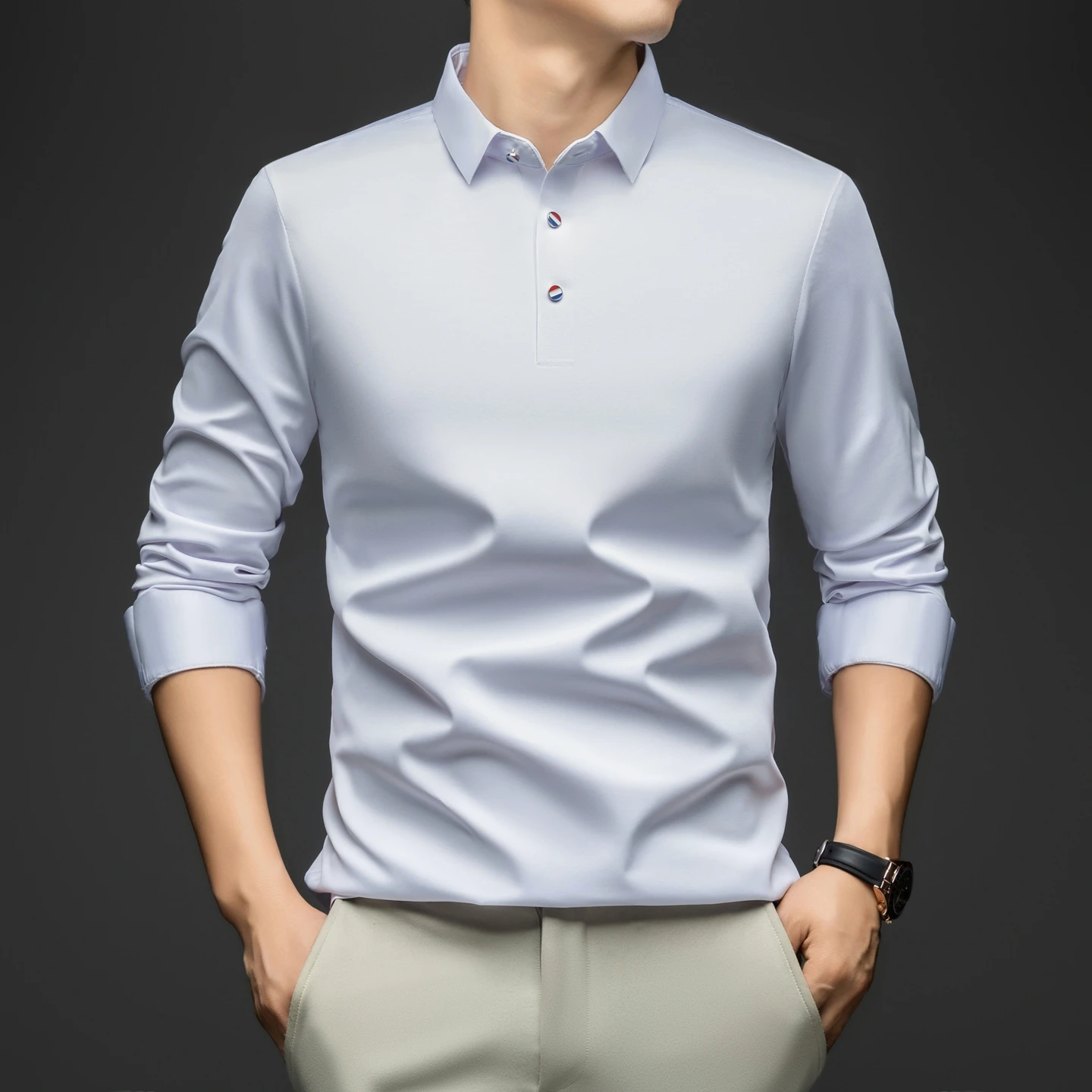 BROWON 2026 Spring Autumn Casual Work Tops Man Tshirt Long Sleeve Solid Color Soft Elegant Business Mulberry Silk T Shirt Man