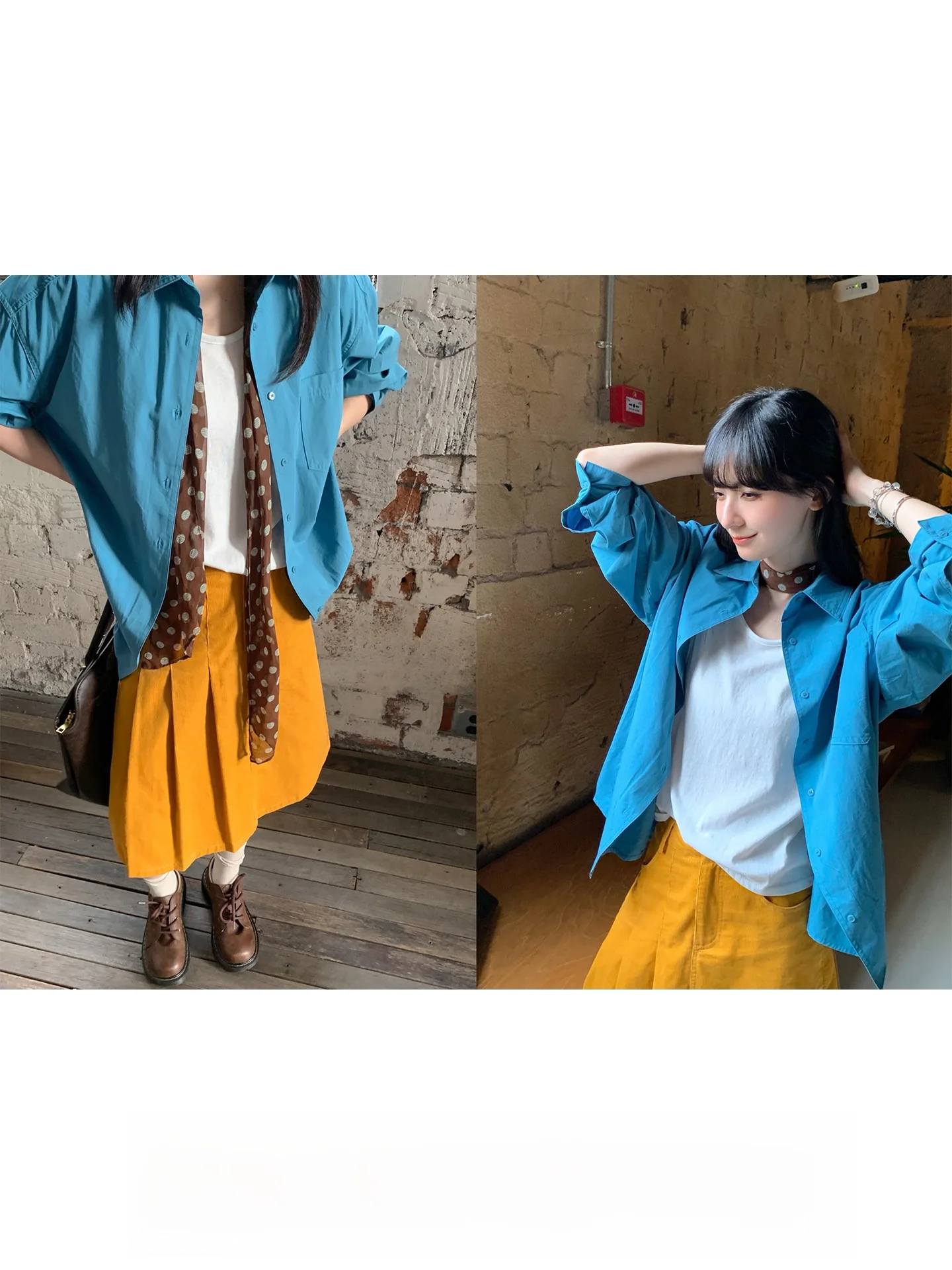 

Slimming Lake Blue Long Sve Loose Fit Retro Sle Women's irt Outerwear Breathable Cotton Blend Comfortable Soft Cotton