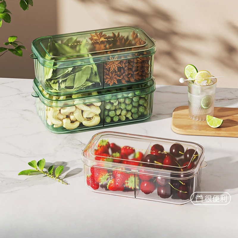 Kitchen Refrigerator Rectangular Double Compartment Fresh-Keeping Box, Fruit Storage Sealed Box, Picnic Portable Meal Box