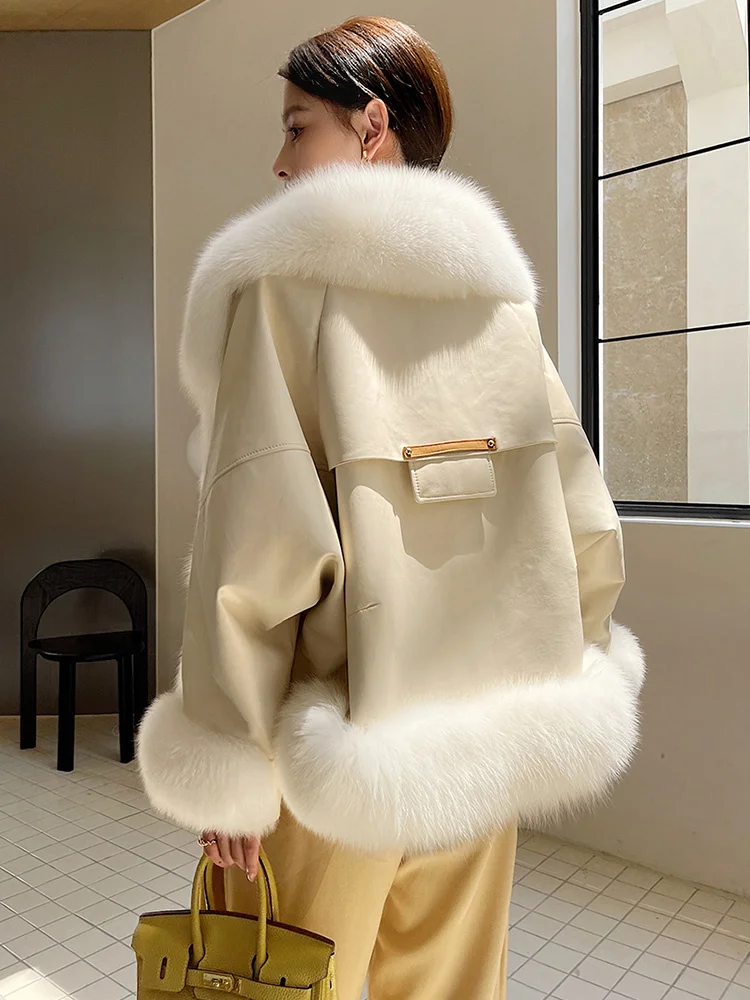 Coat Fur Women Real Autumn Winter Fashion Thick Warm Fox Fur Collar Patchwork Sheepskin Double-faced Fur Jacket Loose Outerwear