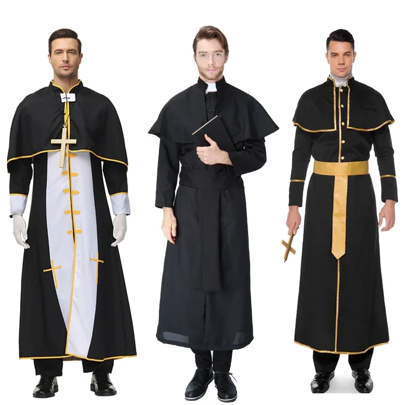 Men Black Priest Missionary Easter Jesus Pope Priest Cosplay Costumes for Carnival Halloween Christmas Party Father Suits