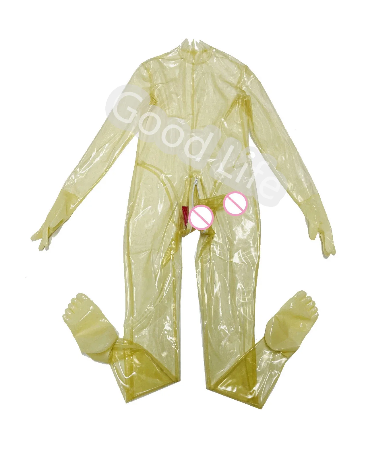 Transparent latex catsuit with toes socks gloves back to front zipper hidden two sheath 0.4mm fetish men's bodysuit cos costume
