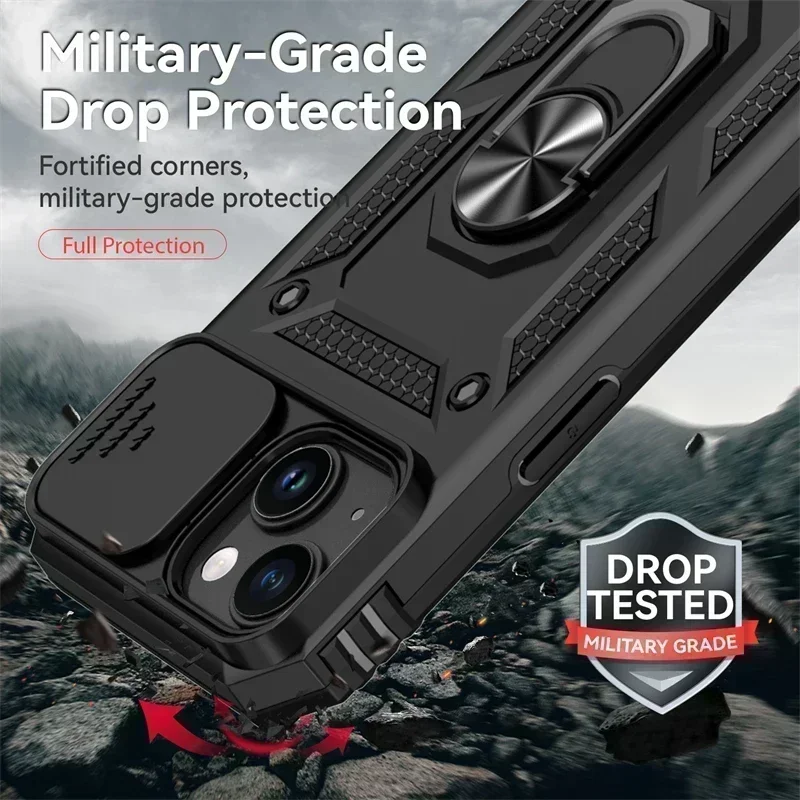 Ring Stand Rotating Slide Camera Lens Military Grade Armor Case for iPhone 17 16 E 14 13 12 11 15 Pro Max Plus Mini Cover