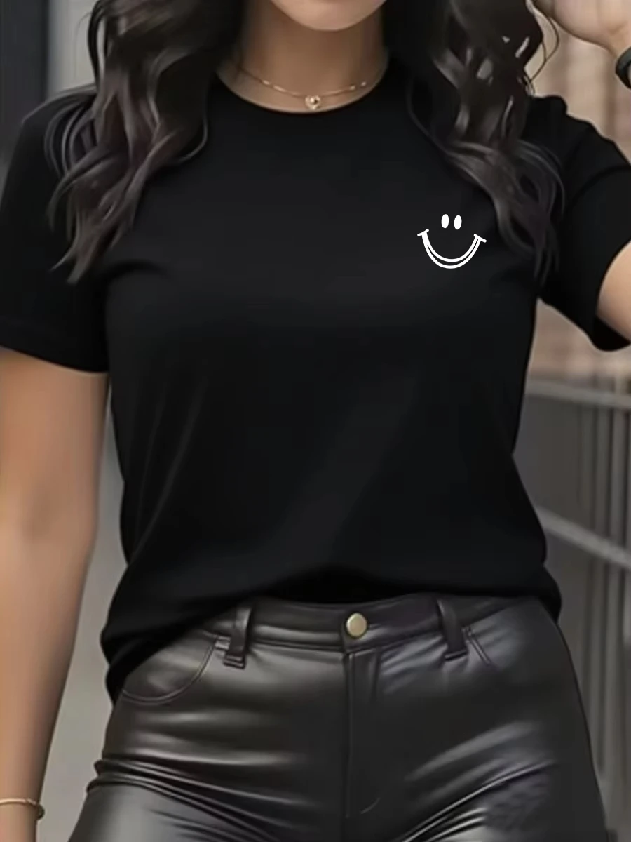 

Женская хлопковая футболка с коротким рукавом и принтом Happy Expression, в стиле стрит-хип-хоп, дышащая, с круглым вырезом, универсальная