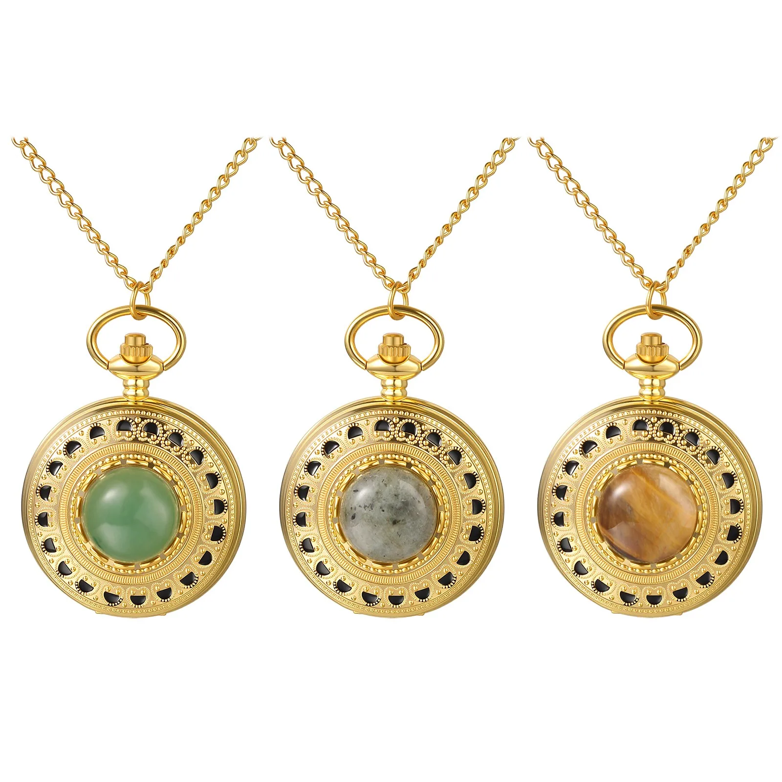 Mens Steampunk Quartz Pocket Watch Gold Tone Case Luxury Birthstone Analog Necklace Fob Watch Stainless Steel Chain Clock