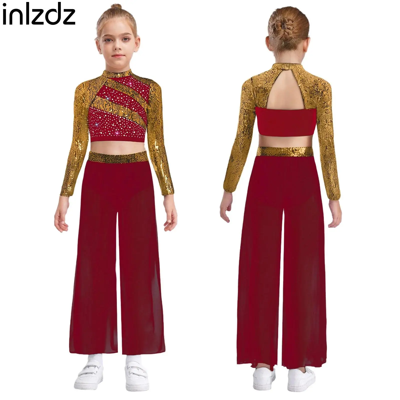 

Kids Girls Lyrical Dance Costume Two-Piece Set Long-Sleeved Sequins Crop Top+Flowing Chiffon Overlay Pants Modern Dance Clothes