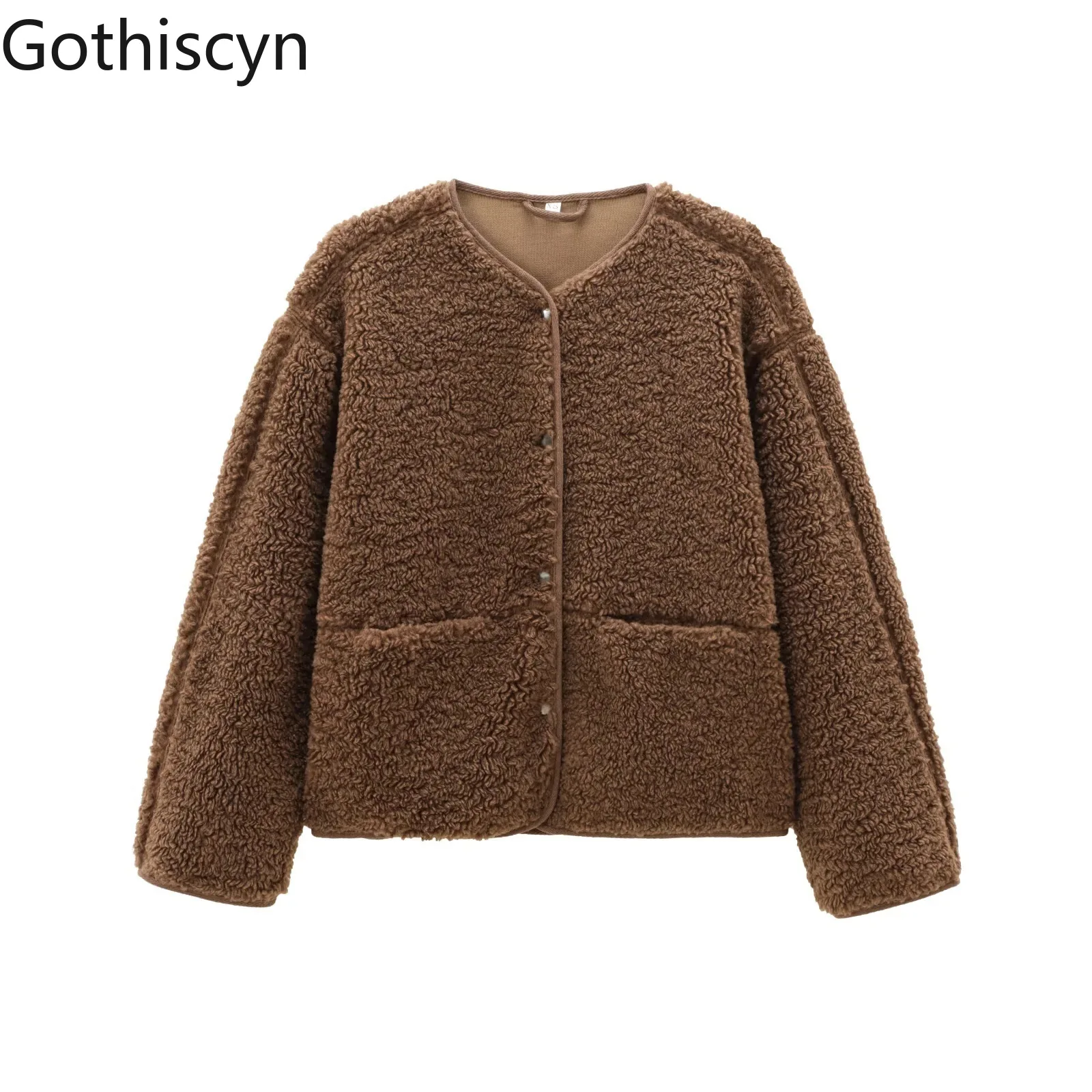 

Gothiscyn Elegant Fleece Lamb Wool Jacket for Women's Autumn and Winter O-neck Single Breasted Jacket Fashion Female Clothes