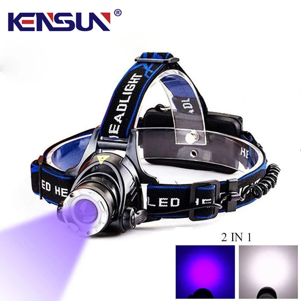 Potente linterna frontal LED para Camping, luz UV blanca/395nm, Zoom, recargable por USB, resistente al agua, autodefensa