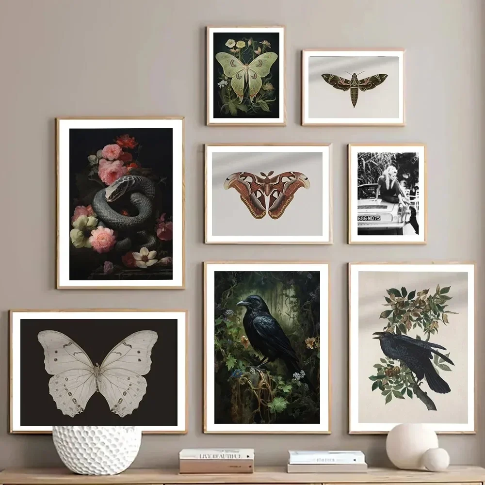 Insecto estético de Academia oscura con impresiones de carteles florales para sala de estar, decoración del hogar, pintura en lienzo de conejo y serpiente gótica para pared