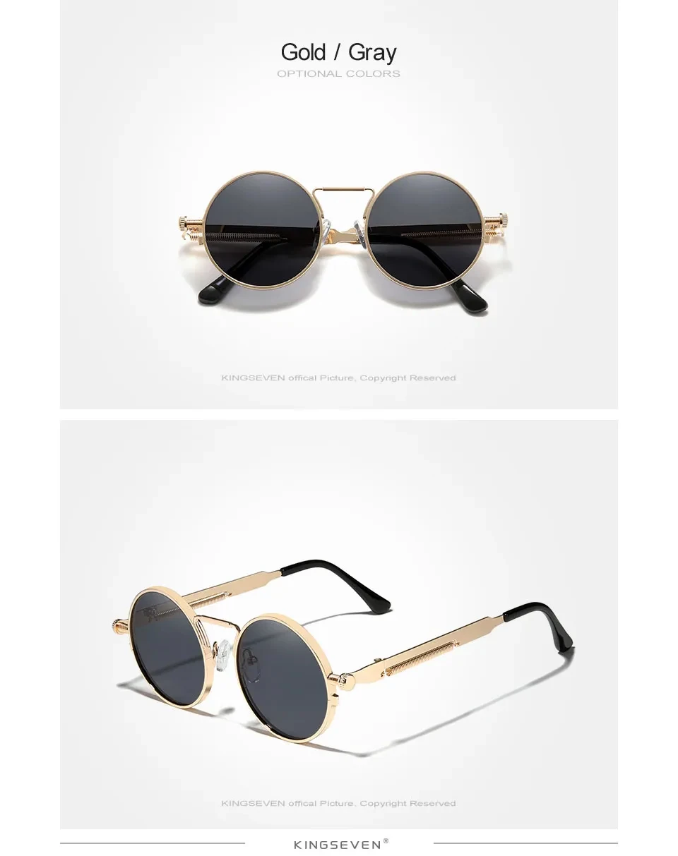 KINGSEVEN Gothic Steampunk Sonnenbrille Polarisierte Hohe Qualität Männer Marke Designer Vintage Runde Edelstahl Rahmen Brillen – Detail 5