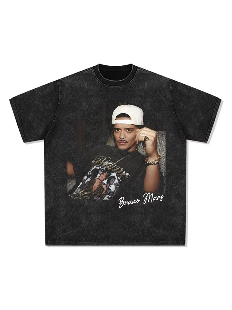 2026 Mars Brother Bruno Mars American T-shirt Street Fashion Casual Retro Print Distressed Pop music Streetwear Short Sleeve top