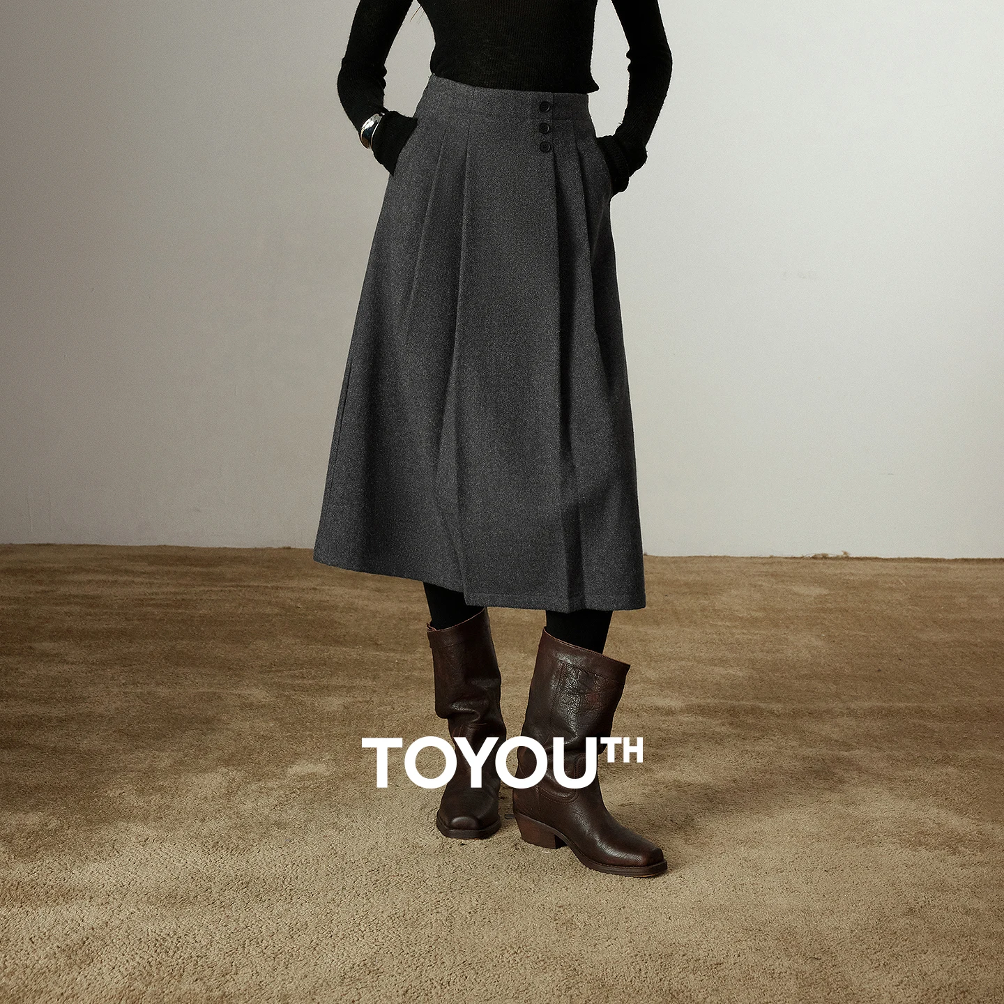 TOYOUTH Women Midi Skirts 2025 Winter New Back Elastic Waist Commuting Pleated Mixed-color Woolen A-line Pleated Skirts