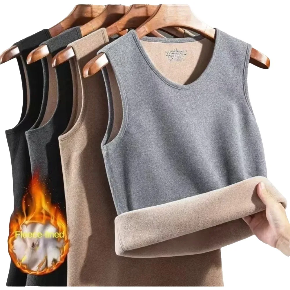 Solid Color Thermal Vest Sleeveless Round Neck Fleece-lined Vest Thick Material Fleece-lined Design Tank Top Winter Layering