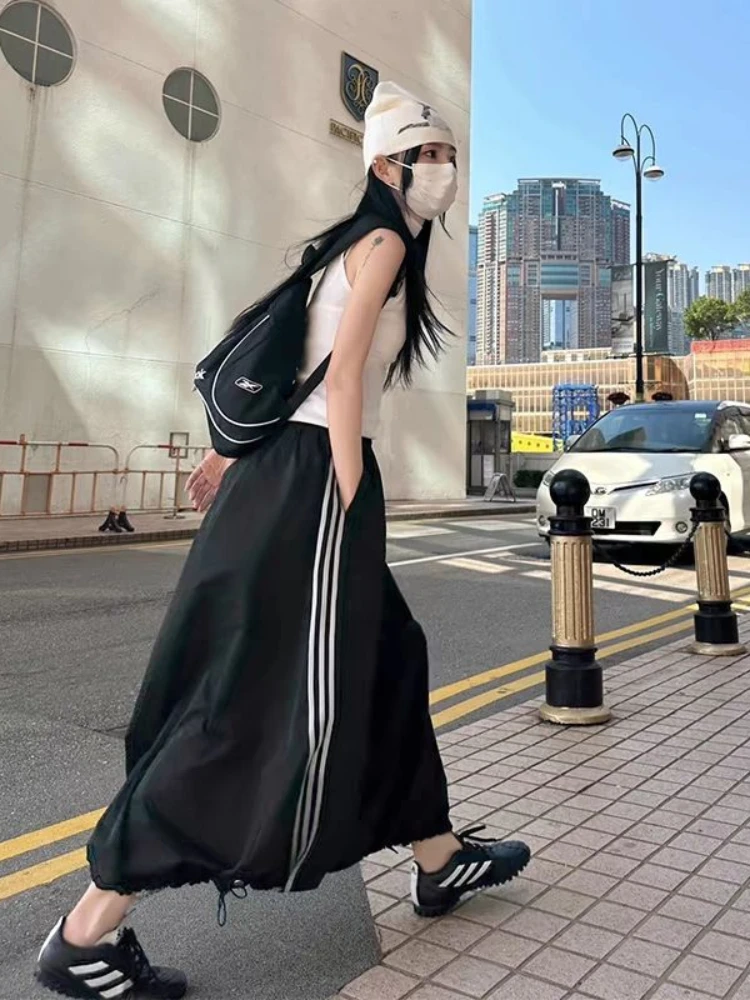 

HOUZHOU Vintage Cargo Skirt Women Korean Fashion Harajuku Striped Patchwork Black Long Skirts High Waist Y2k Fairy Grunge