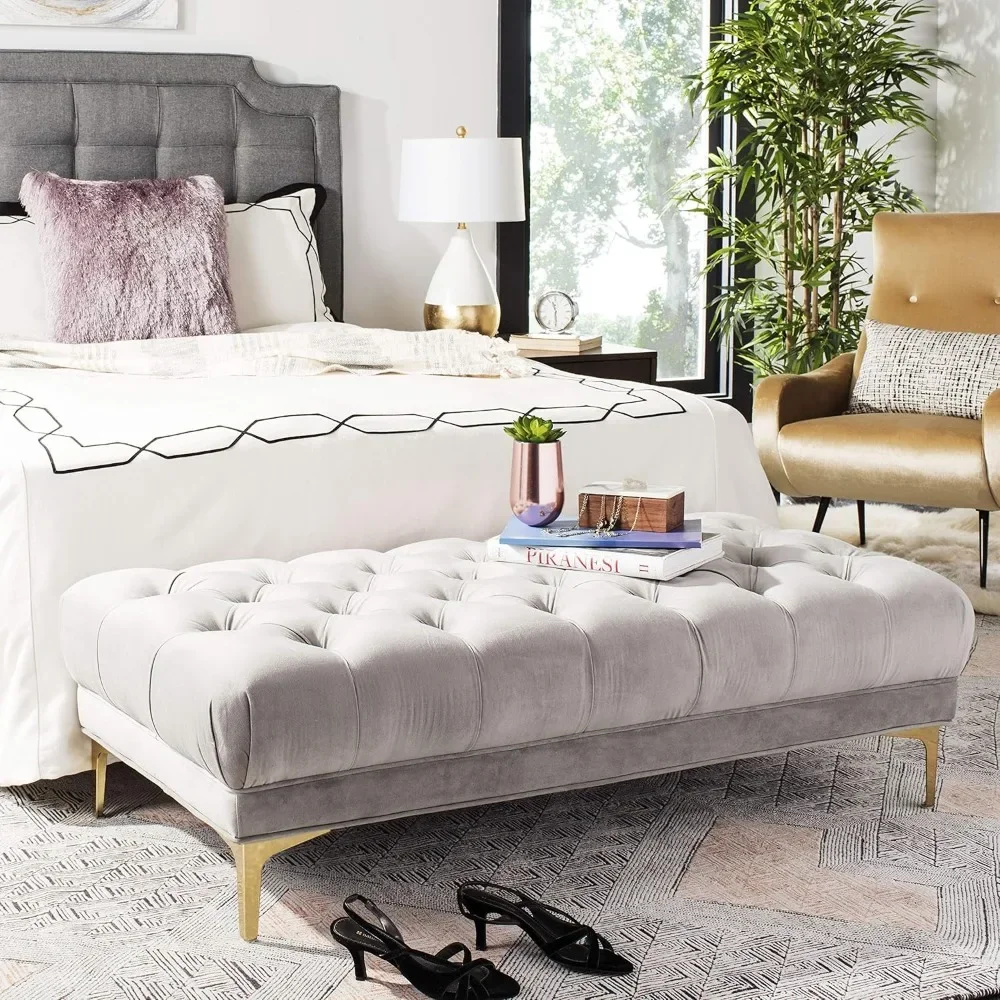 54-inch Glam Grey Velvet And Brass Tufted Rectangular Bench|