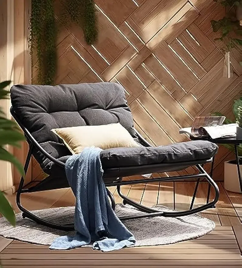 Rocking Chair Outdoor & Indoor, Metal Patio Lounge Rocking Chair with Thick Cushion, Comfy Modern Rocker Chair for Living Room