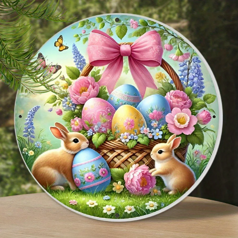1 Stück Osterhase und Ostereierkorb, kreisförmiges Holzschild, geeignet für Zuhause, Café, Wohnung, Restaurant-Feiertagsdekoration