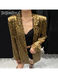 TWOTWINSTYLE Hit Color Leopard minimalistyczne marynarki dla kobiet karbowany kołnierzyk z długim rękawem łączone kieszenie płaszcz moda damska nowość