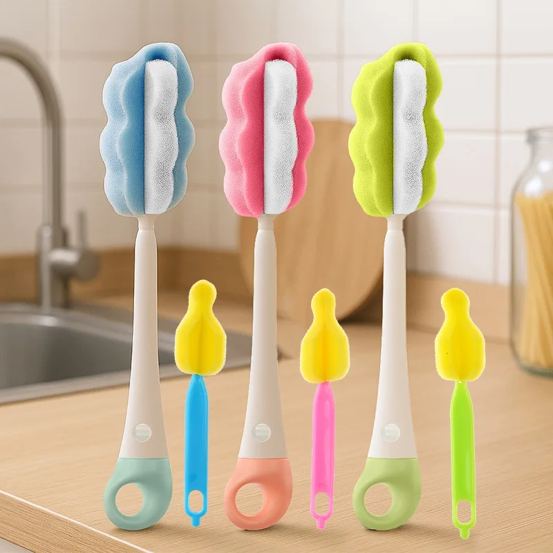 

Long-Handled Sponge Cup & Bottle Brush with Detachable Stem - Deep Clean Baby Bottles & Glassware, Rotating Sponge Head