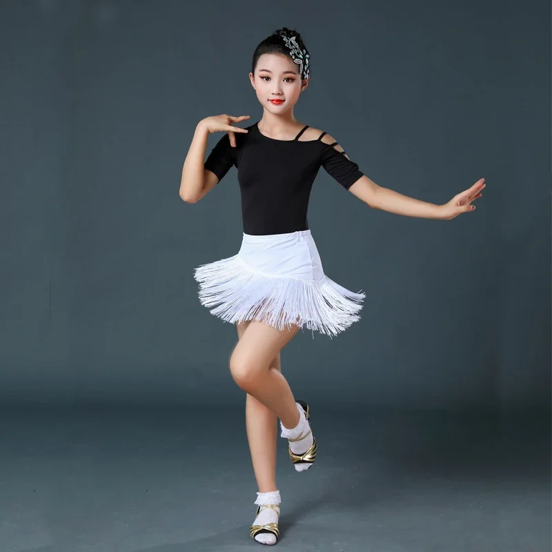 Saia de Dança Latina das Meninas, Borla Latina Dividida, Roupa de Treino Infantil, Roupa Performance Competição