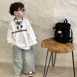 2-9 Yrs Baby Boys Spring and Autumn Korean New Children's White Loose Two Sleeve T-shirt+Hole Jeans Set Boy Outfits Kids Clothes