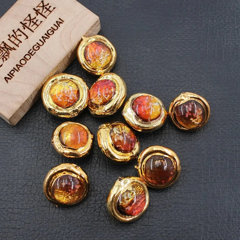 

5Pcs 16MM Orange Moss Glass Coloured Glaze Loose Beads Gold Plated Connector Beads For Necklace Pendant Jewelry DIY