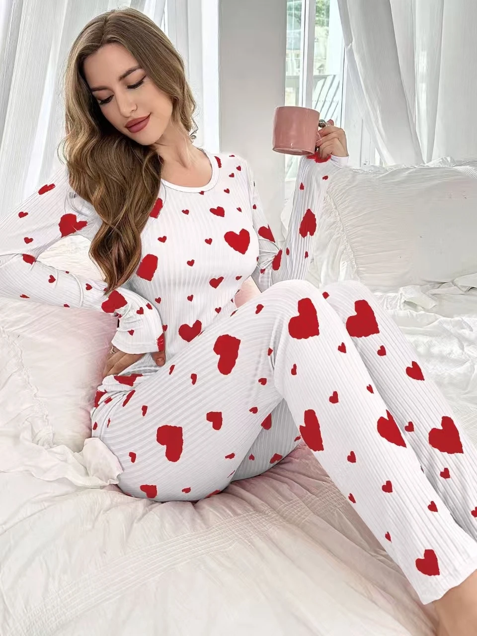 Women's Homewear Set With Heart-shaped Printed Long Sleeve And Pants Pajamas Set For Women Sleepwear Autumn Pajama Pyjama Pijama
