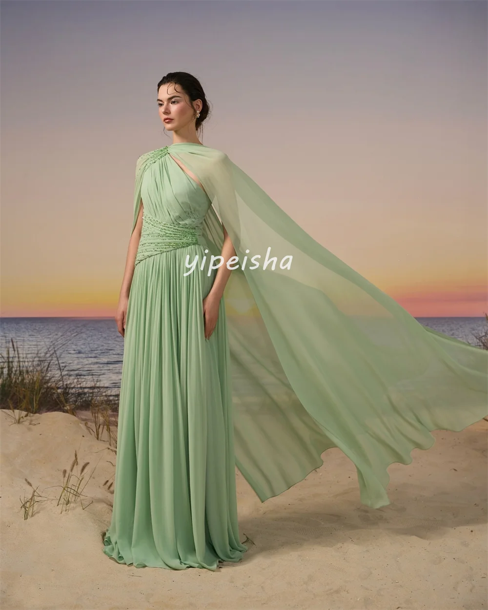 Customized Matching Fashion Chiffon Pleat Ruched Draped Beading Sequined A-line High Collar Long Dresses Evening Dresses Retro
